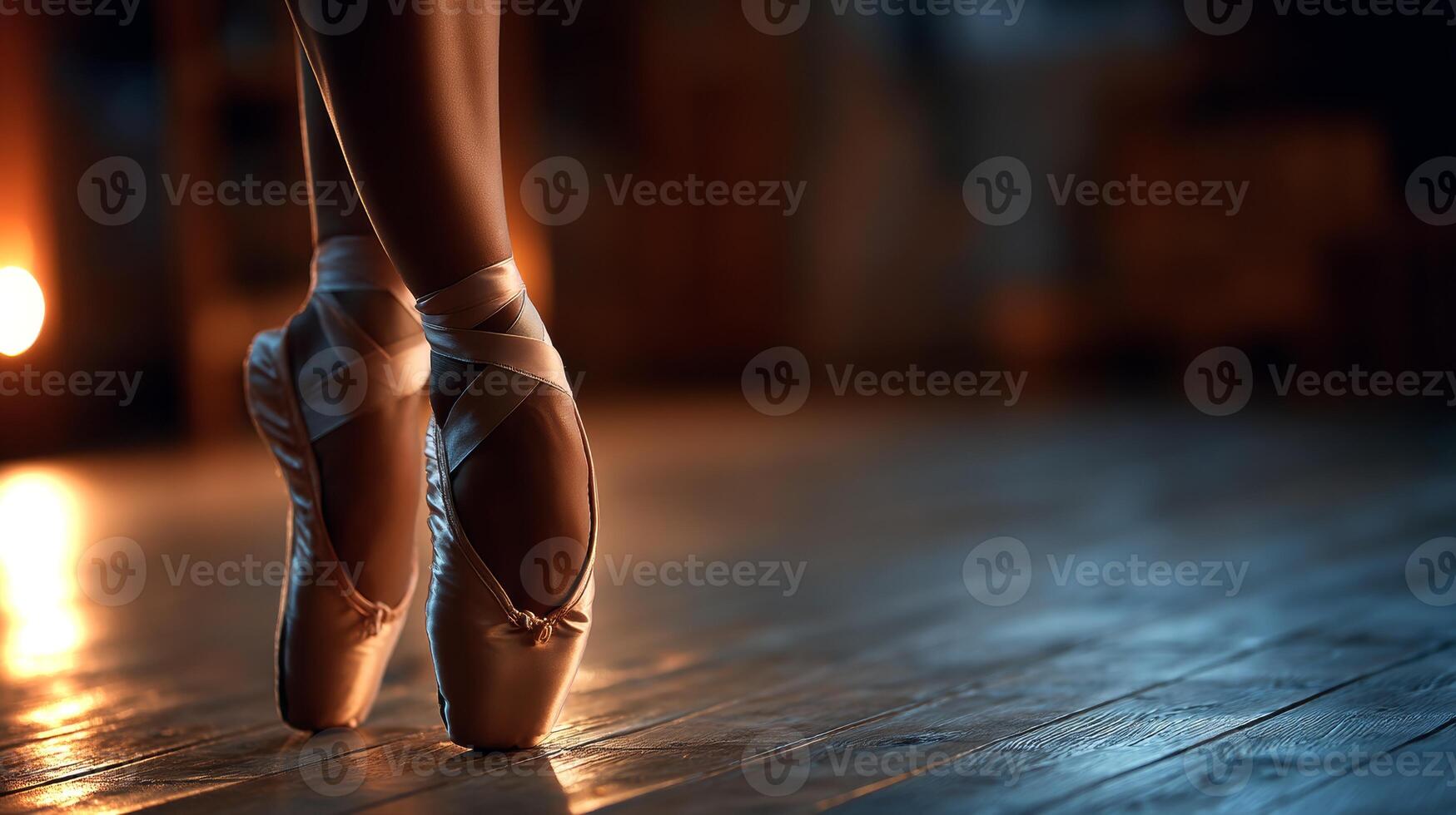A close-up view of a Black girl's foot elegantly positioned in a pointe shoe, highlighting the artistry and strength required for ballet during a dance rehearsal. photo