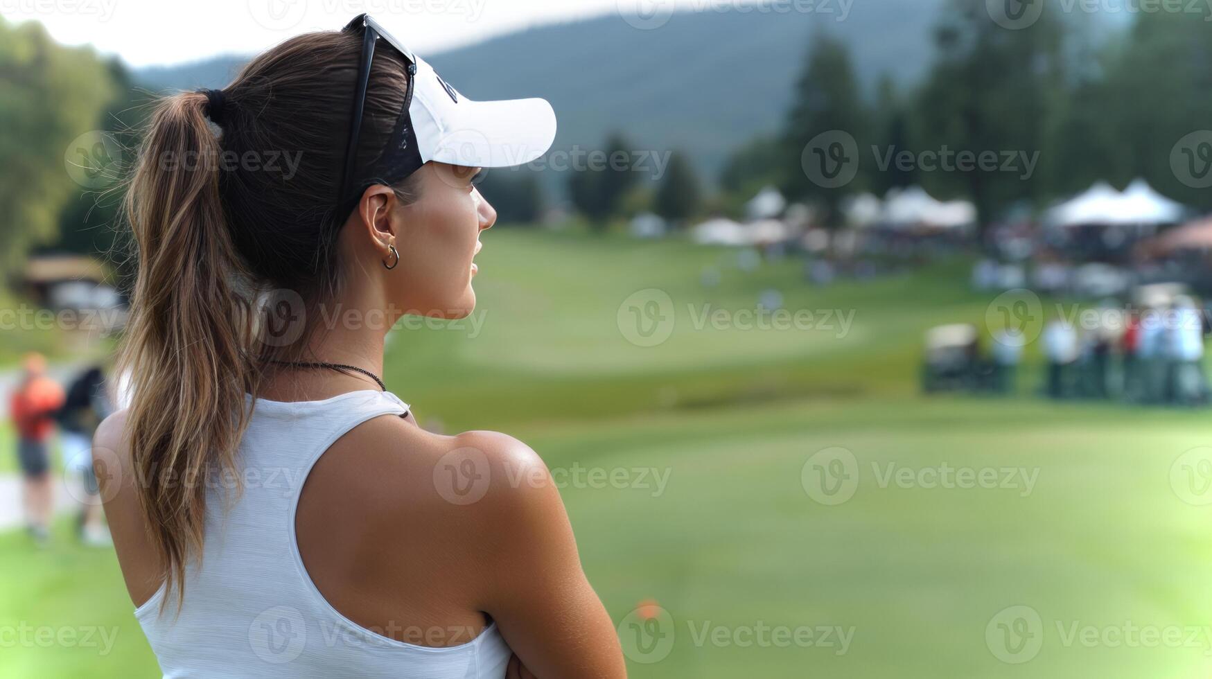 In a beautiful mountain setting, a girl stands poised, watching with confidence as a golf ball flies after a powerful hit during a vibrant game day. photo