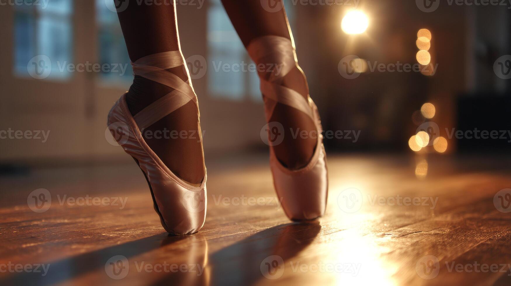 A Black girl balances delicately on her pointe shoe, showcasing her skills in ballet rehearsal at an indoor studio in the evening. photo