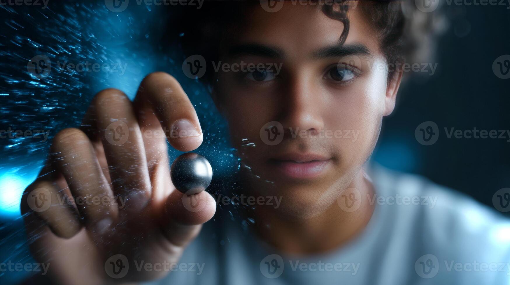 A Latino boy showcases impressive ball-spinning skills with a focused expression as swirling colors enhance the energetic atmosphere. photo