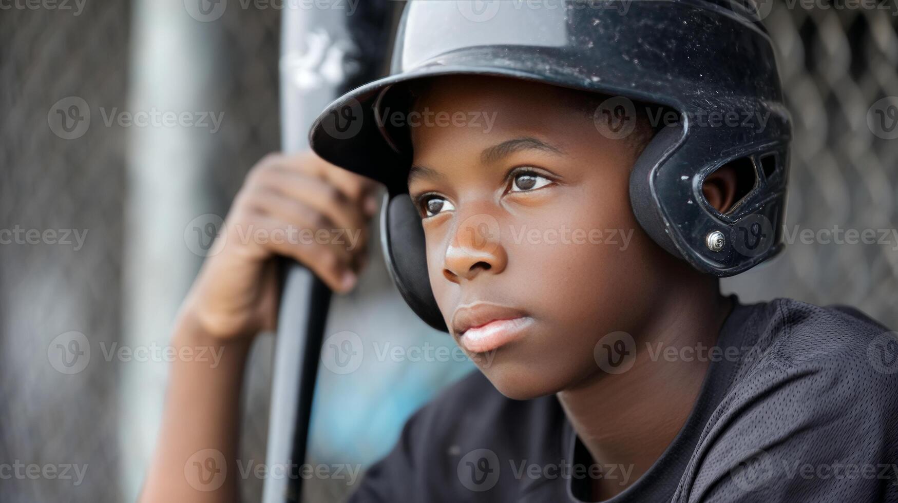 A young black boy stands in a batting box, bat resting on his shoulder, focused and ready, as he waits for instructions during baseball practice. photo
