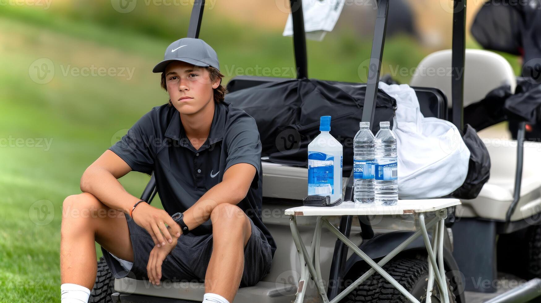 A young boy takes a break while sitting next to a golf cart filled with water bottles, enjoying a moment of rest during outdoor golfing activities on a sunny day. photo