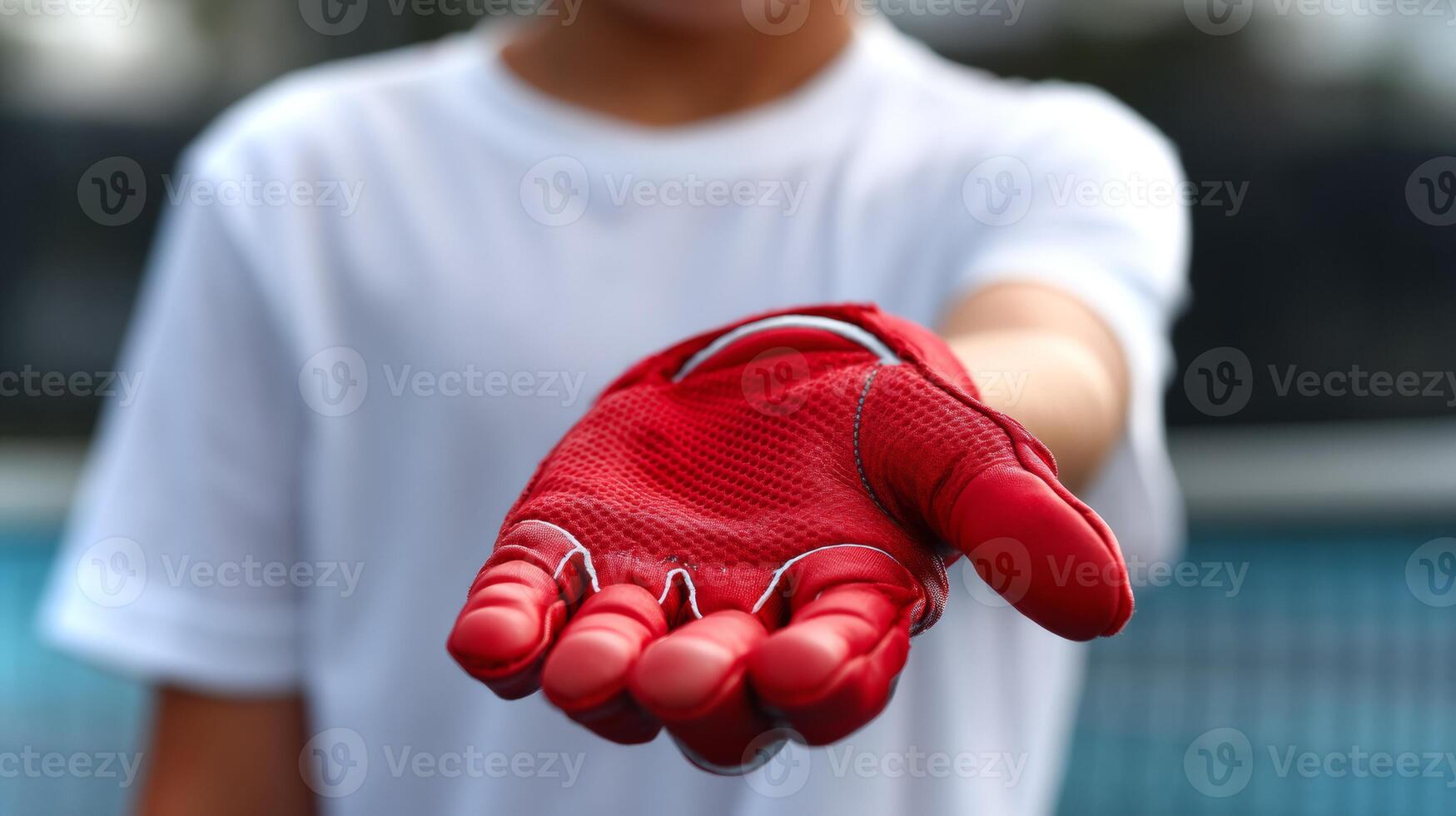 After an intense match, a boy stands with his open palm showing a red sports glove. The setting captures the excitement of the game and sportsmanship. photo