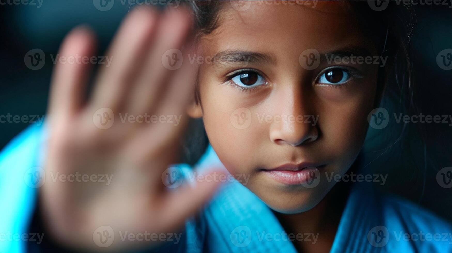 In a close-up, a South Asian girl raises her hand with a focused expression, conveying confidence and hope. photo