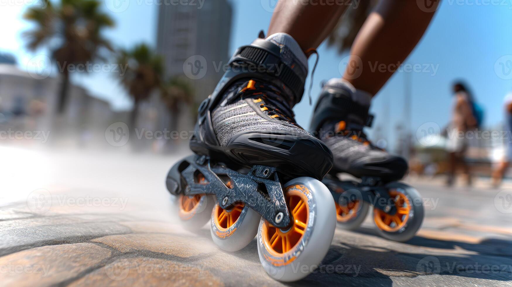 Black girls enjoy inline skating on a warm day, showcasing sleek wheels gliding over a smooth surface while surrounded by palm trees and buildings. photo