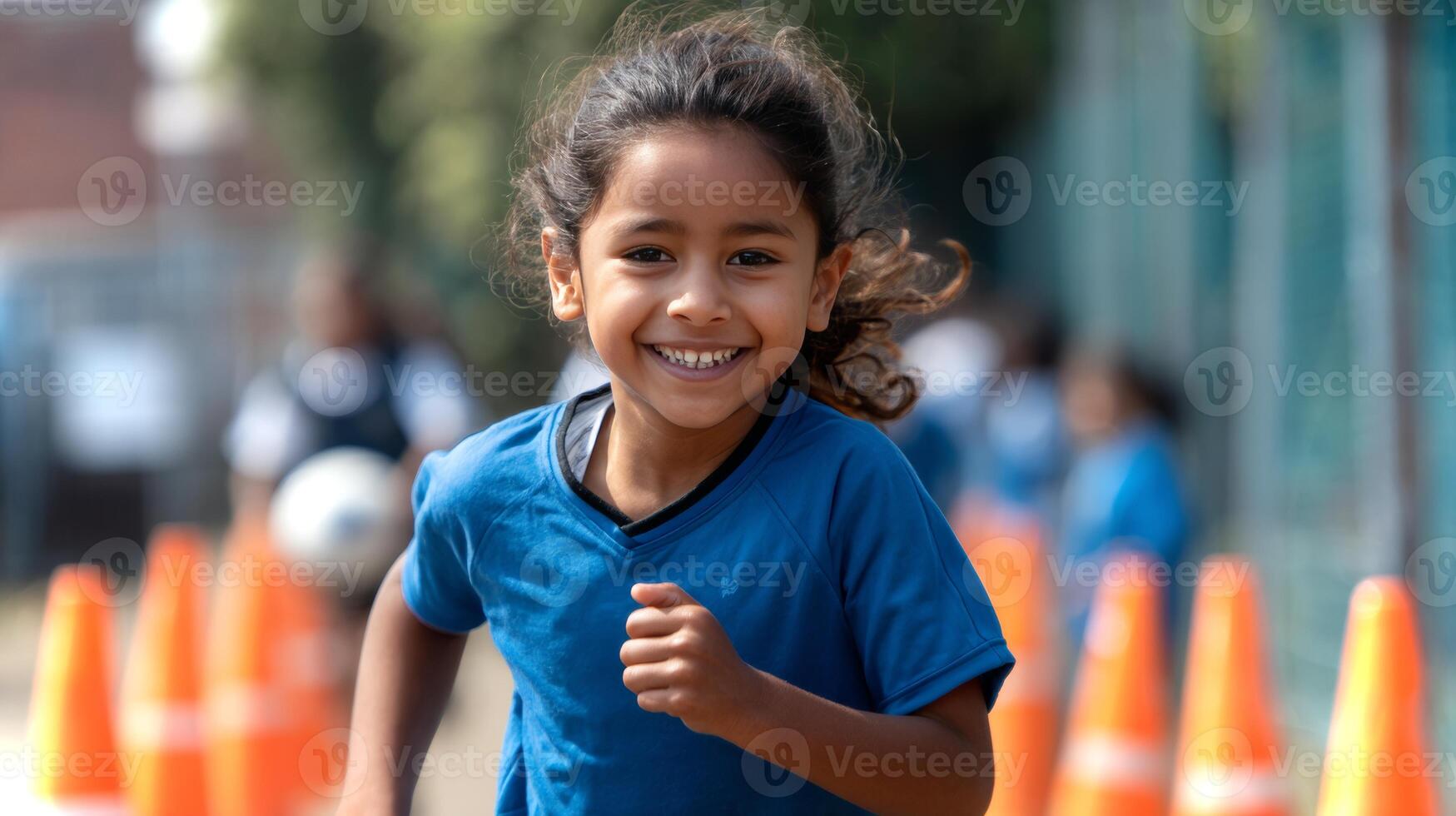 A South Asian girl runs enthusiastically through goal cones set up for a sports activity, showcasing her joyful spirit and athleticism in an outdoor setting. photo