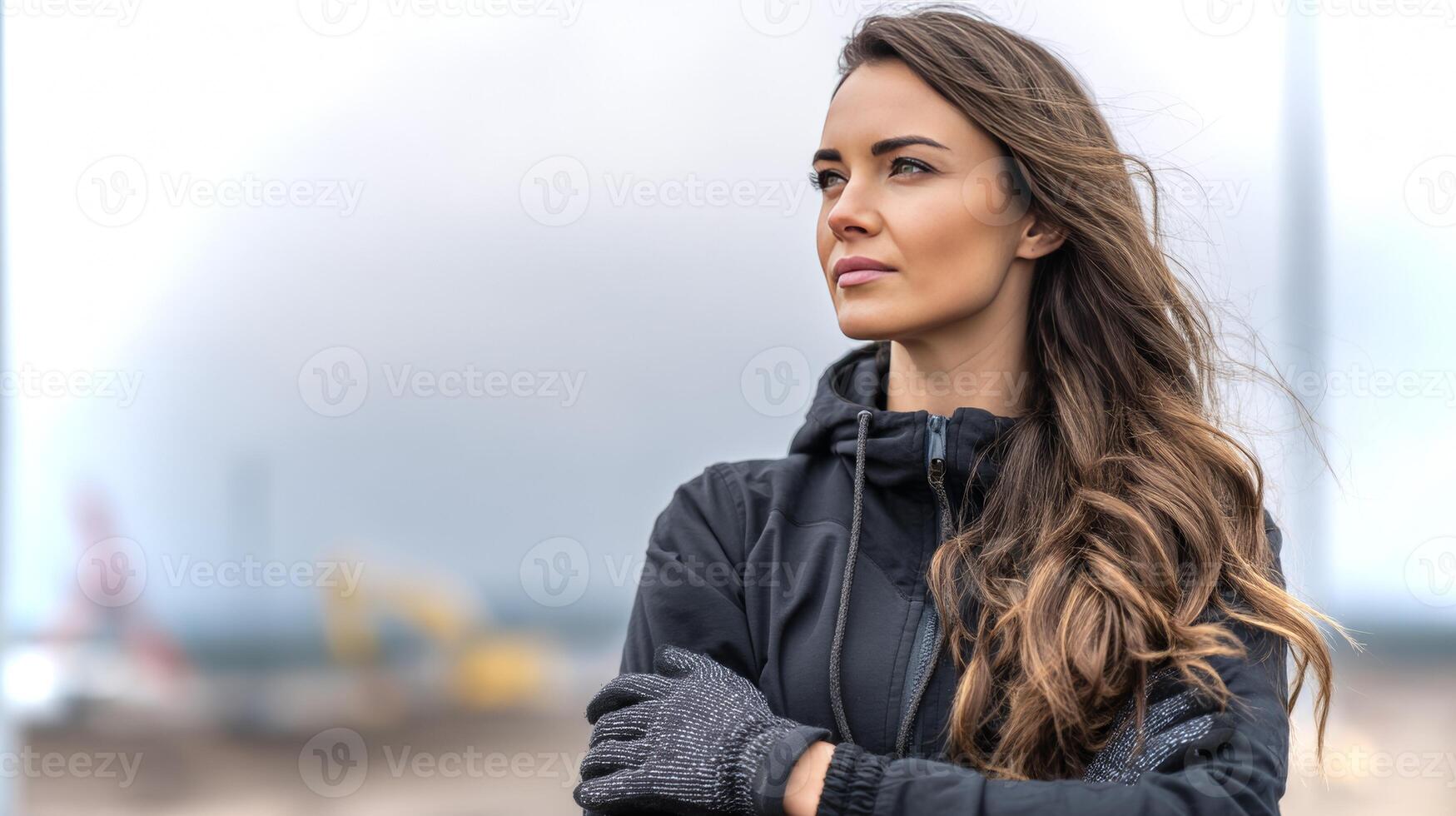 A girl with long hair stands at a base, arms crossed, displaying confidence and poise. The overcast sky adds a dramatic backdrop to her thoughtful expression. photo