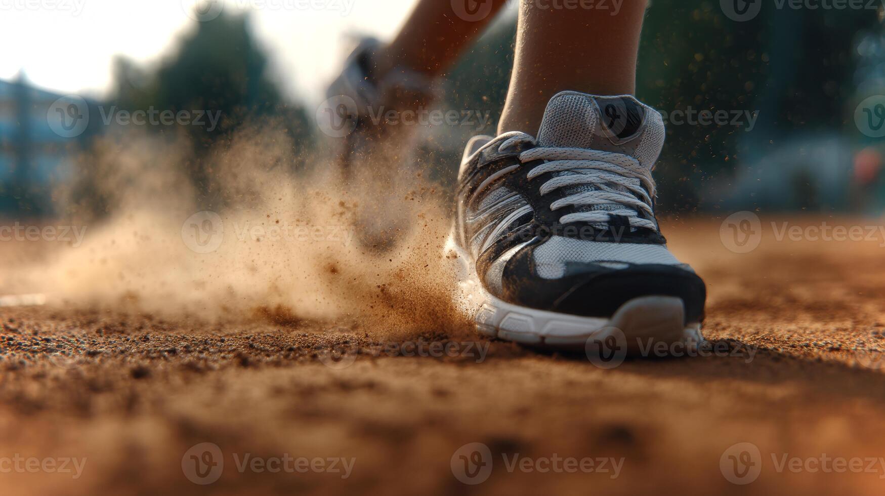 A young boy's foot is captured mid-slide on a clay surface, kicking up dust during an energetic activity on a sunny day. Joyful moments in play. photo