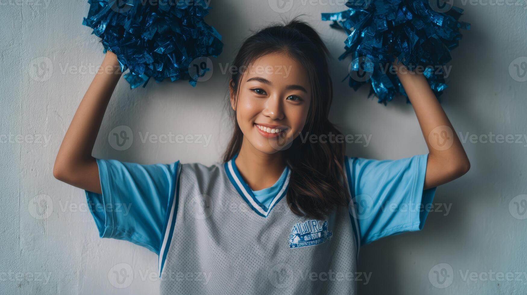 A young Asian girl stands confidently with pom-poms raised above her head, showcasing her excitement during a spirited event. photo