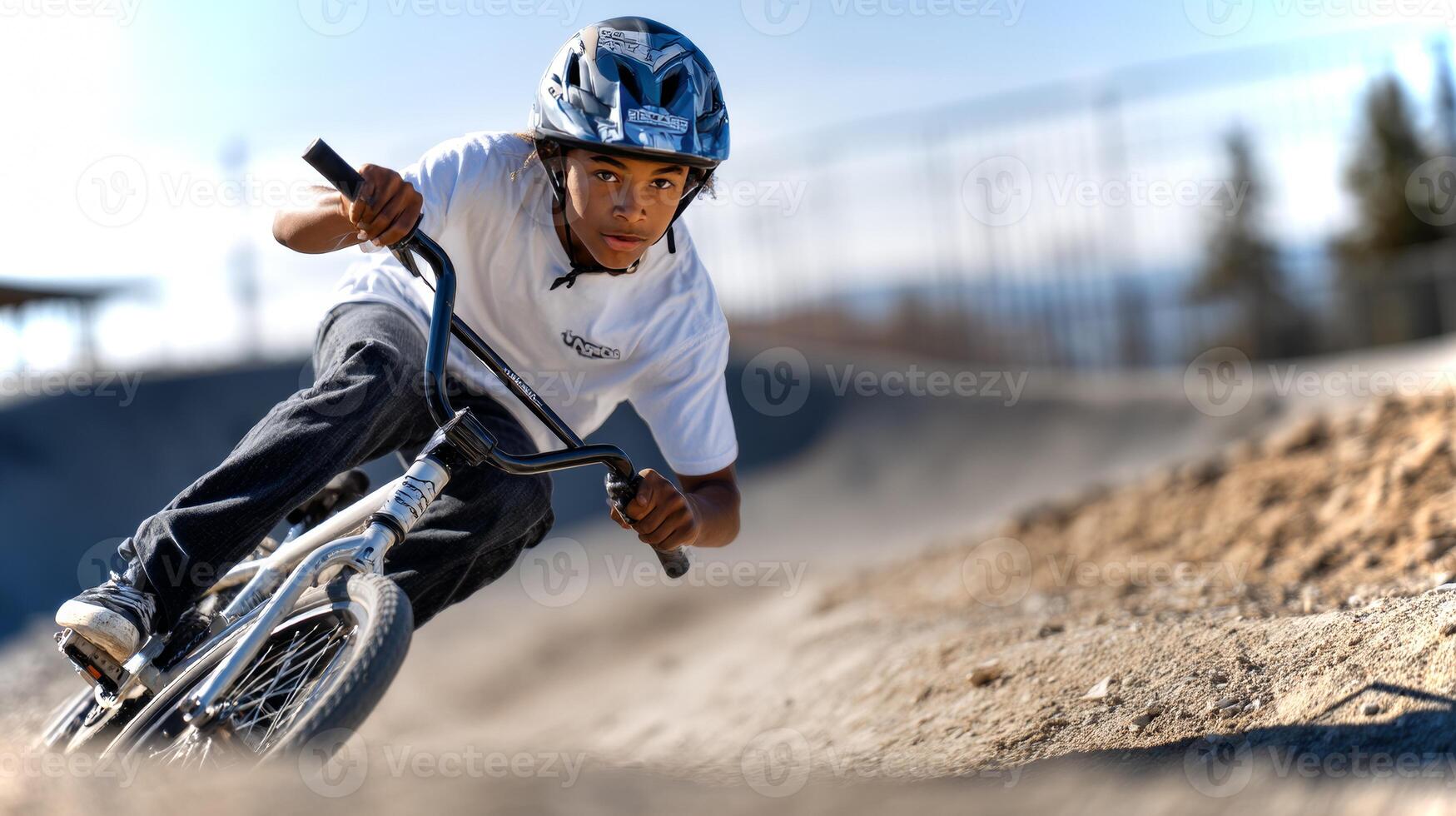 A mixed-race boy rides his BMX bike with skill on a pump track, showcasing his speed and focus under the bright afternoon sun. Dust kicks up around him. photo