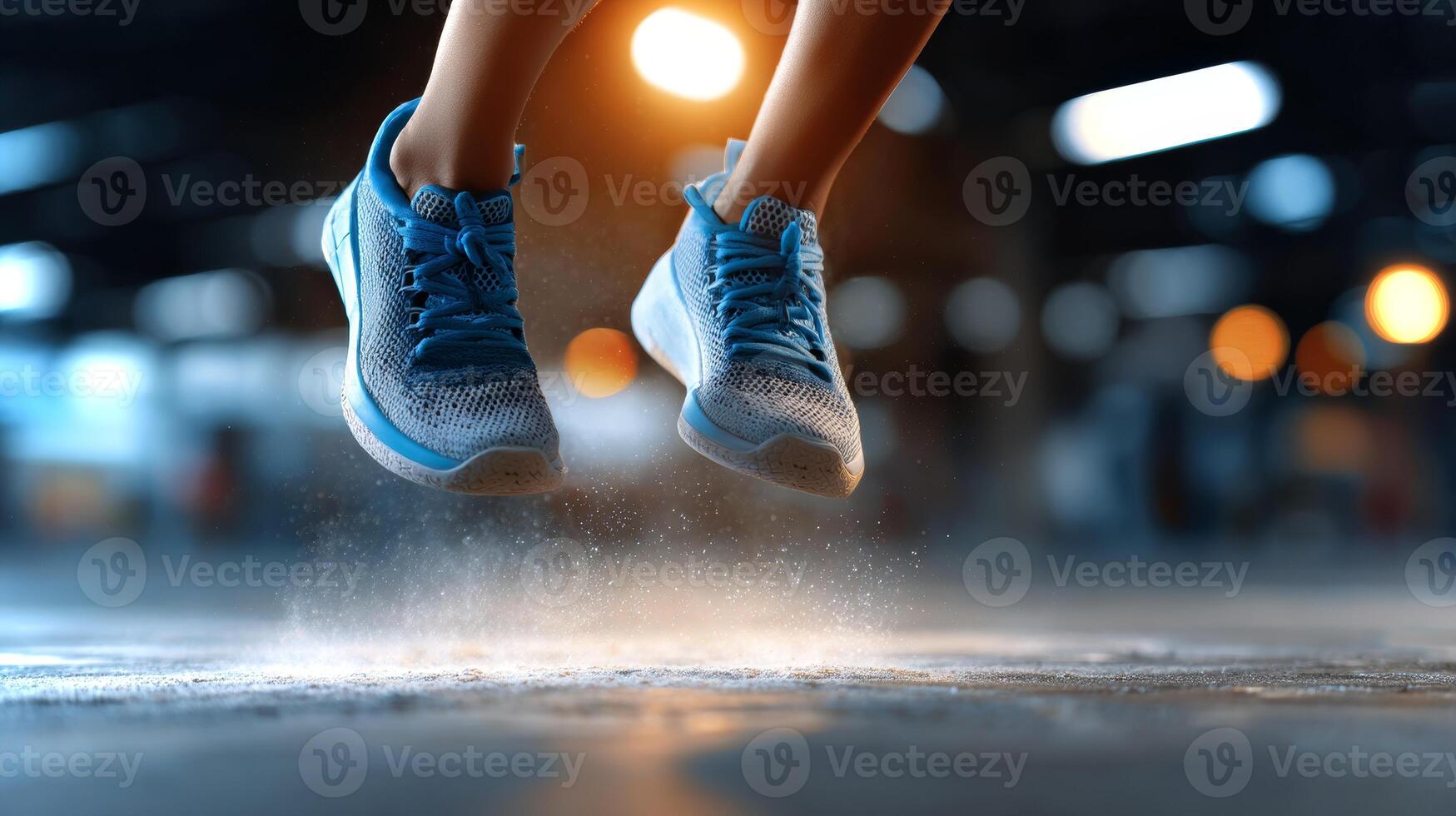Sneakers of an Asian girl make contact with a dusty floor, capturing the moment of impact in a dynamic indoor environment, showcasing energy and motion. photo