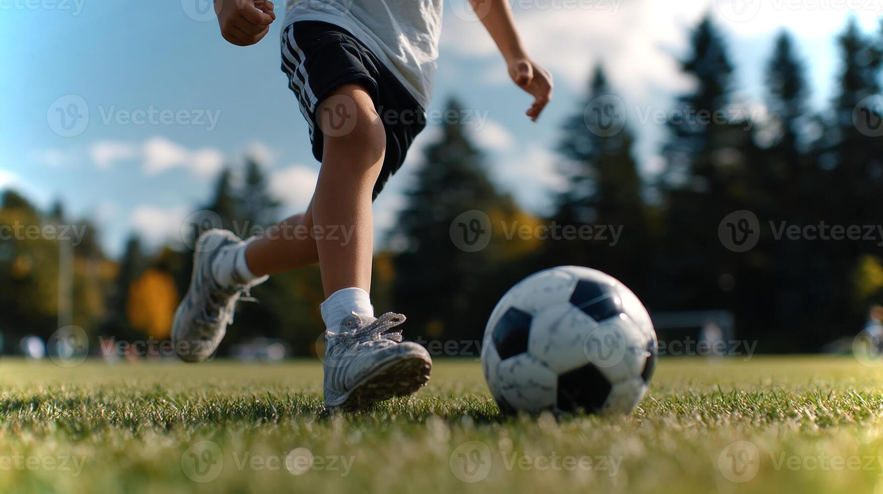 A boy strikes a soccer ball with his foot during practice on a grassy field under a clear blue sky. The moment captures youthful energy and focus. photo