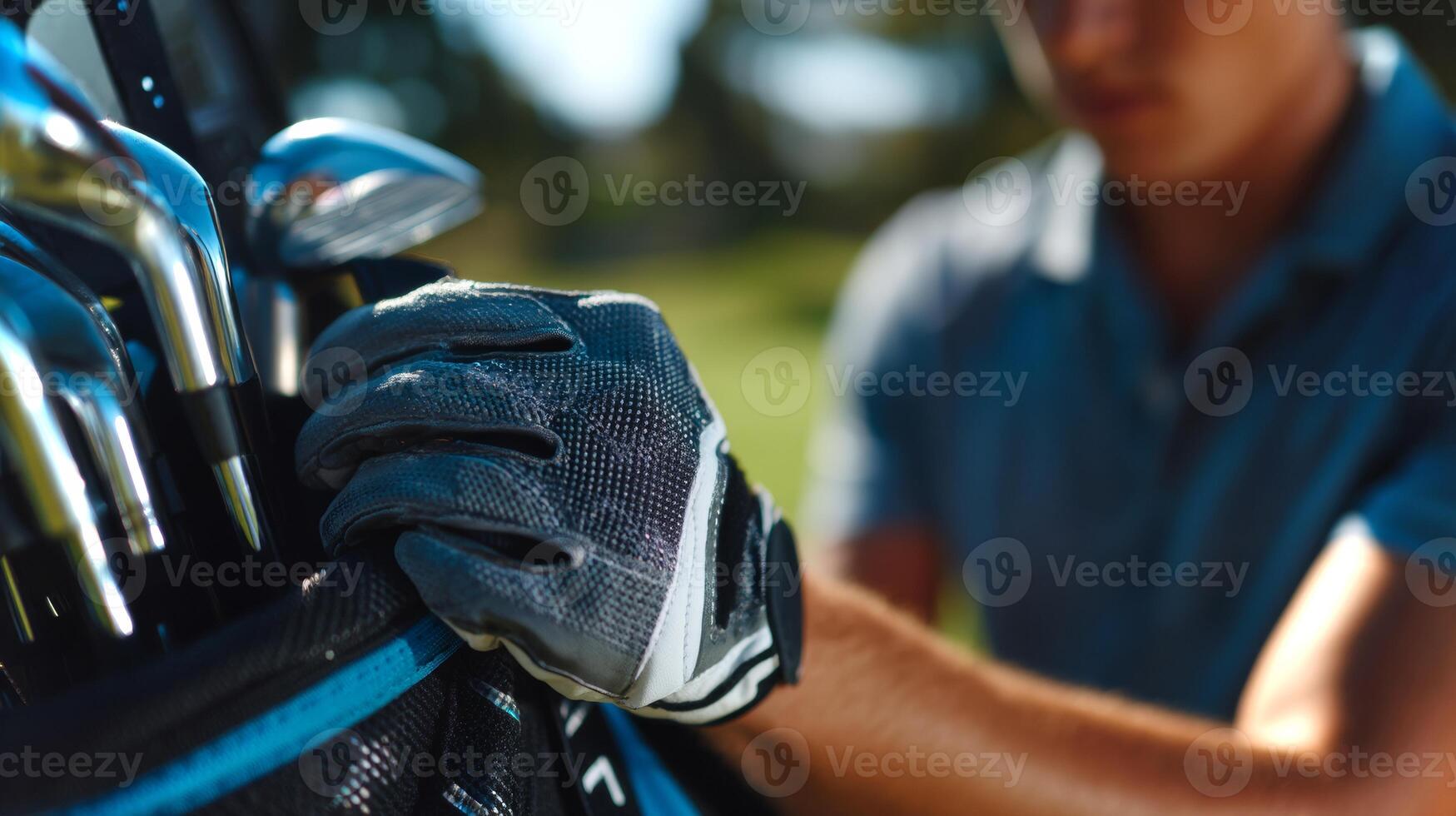 Close-up of a boy's hands adjusting his glove as he stands on a golf course, preparing to play. The bright surroundings highlight his focus. photo