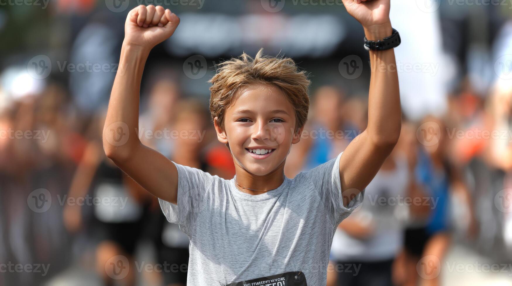 A blonde-haired boy joyfully raises his arms, flashing a vibrant smile as he crosses the finish line with fellow runners in a race. photo