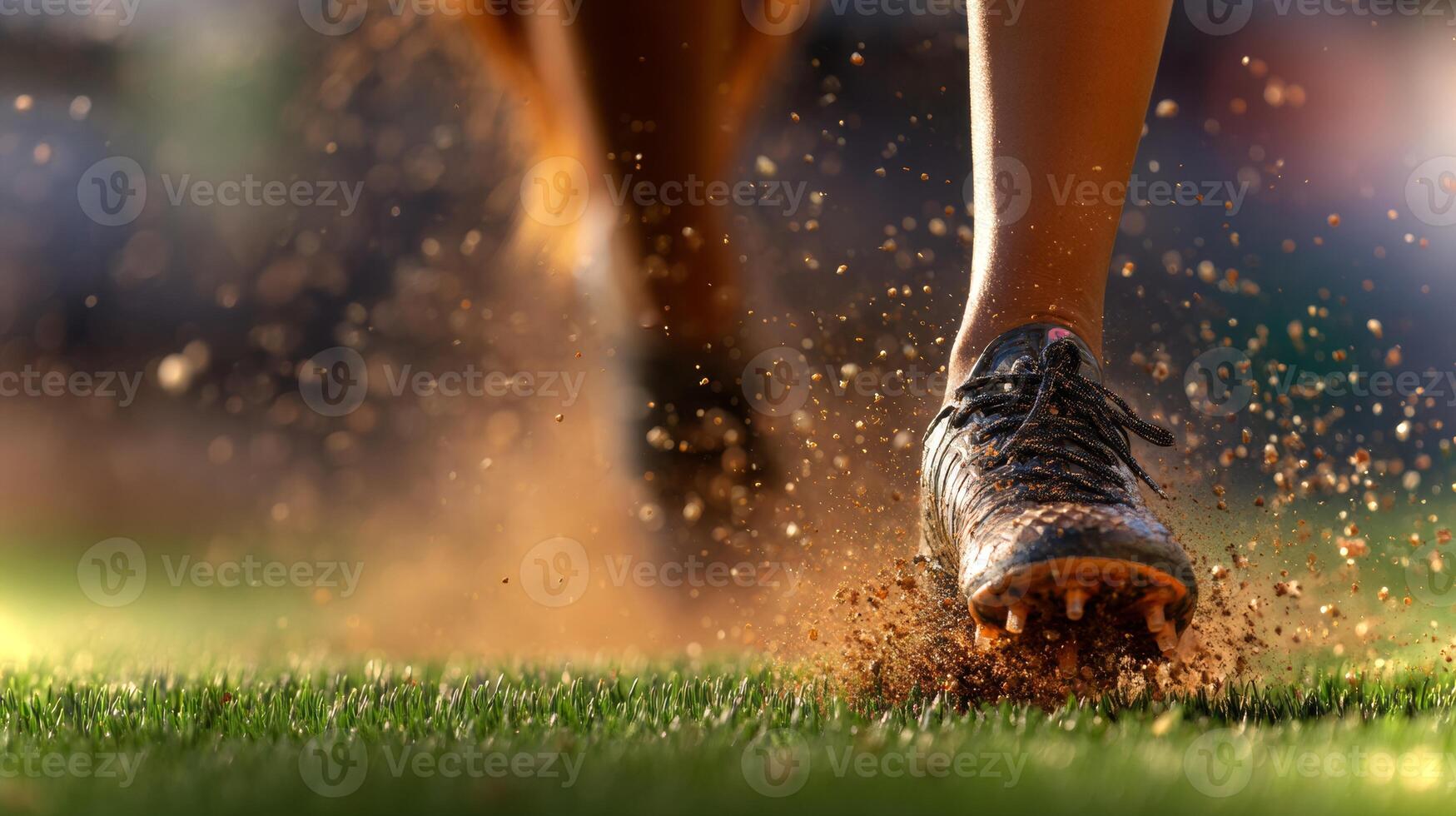 A young girl with red hair runs swiftly across a sports field. Her cleats dig into the grass, kicking up dirt as she trains during the afternoon. photo