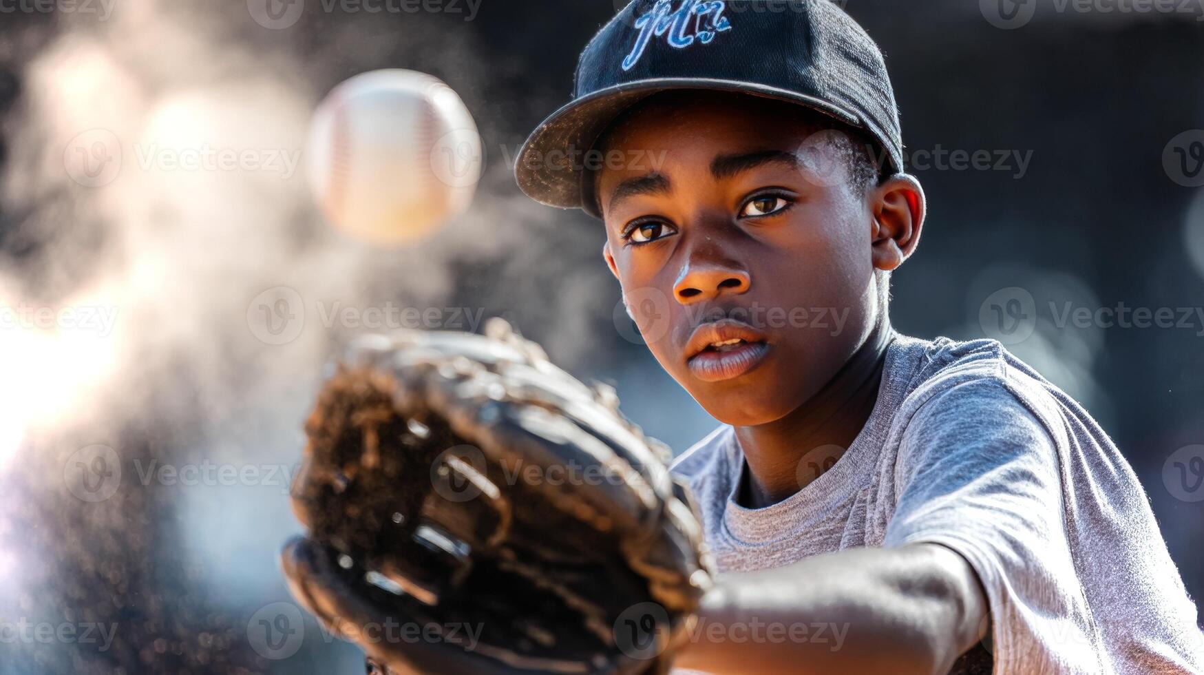A young boy focuses intently as he catches a baseball with his gloved hand during a summer practice. The sun highlights his determination and skill. photo