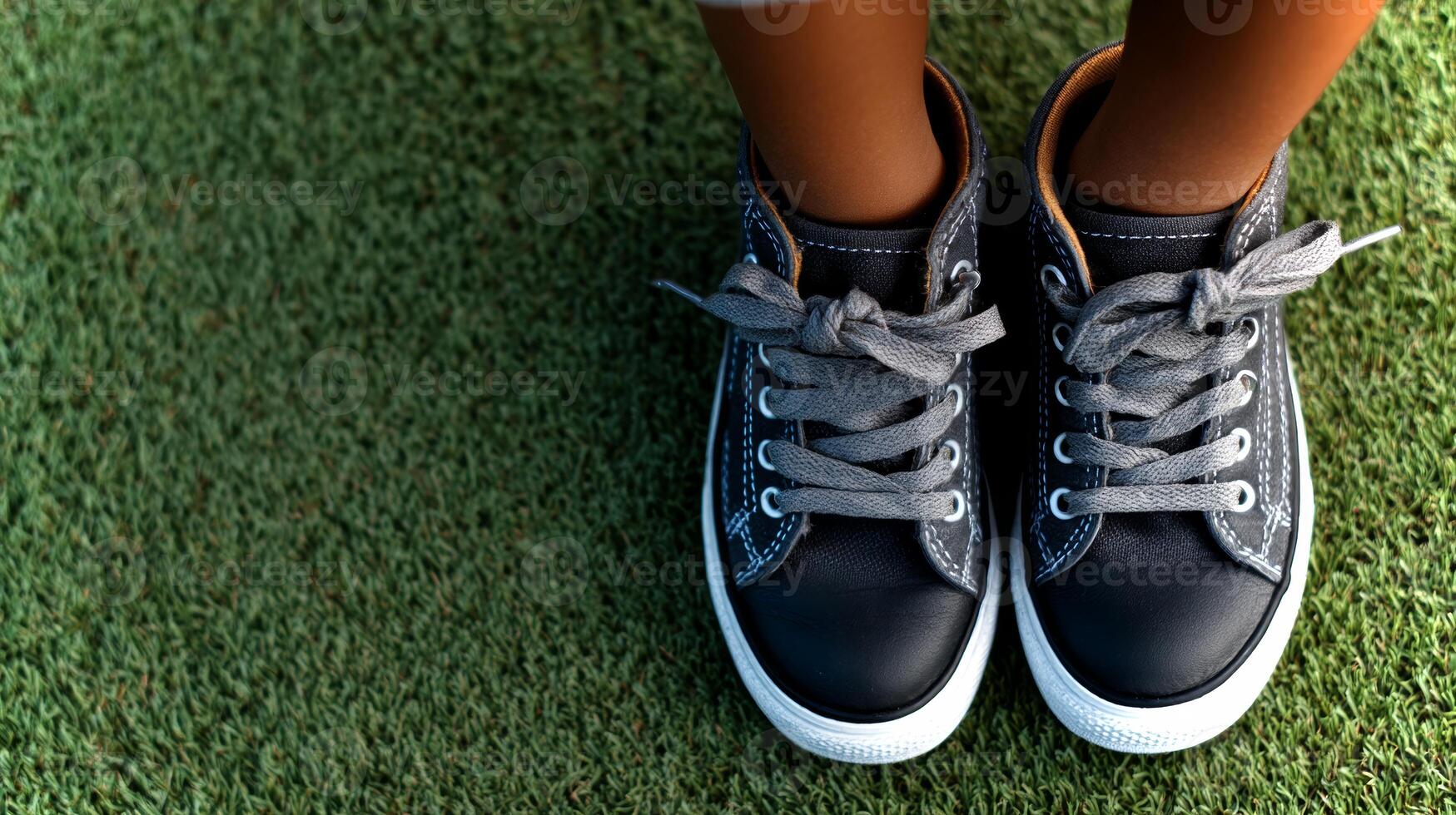 Stylish black shoes with gray laces are seen up close, resting on vibrant green grass under clear skies, showcasing a moment of playful outdoor activity. photo