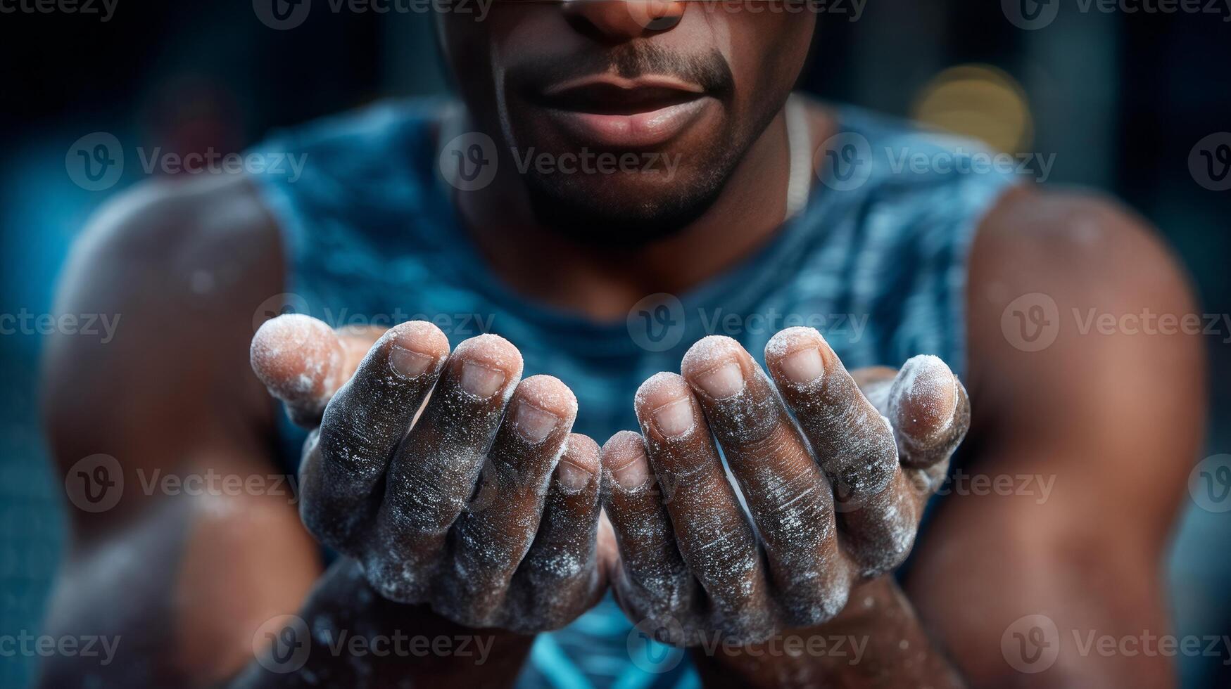 Chalked palms of Black boys are shown up close, highlighting their readiness and concentration for an upcoming physical activity, possibly a sport or climbing. photo
