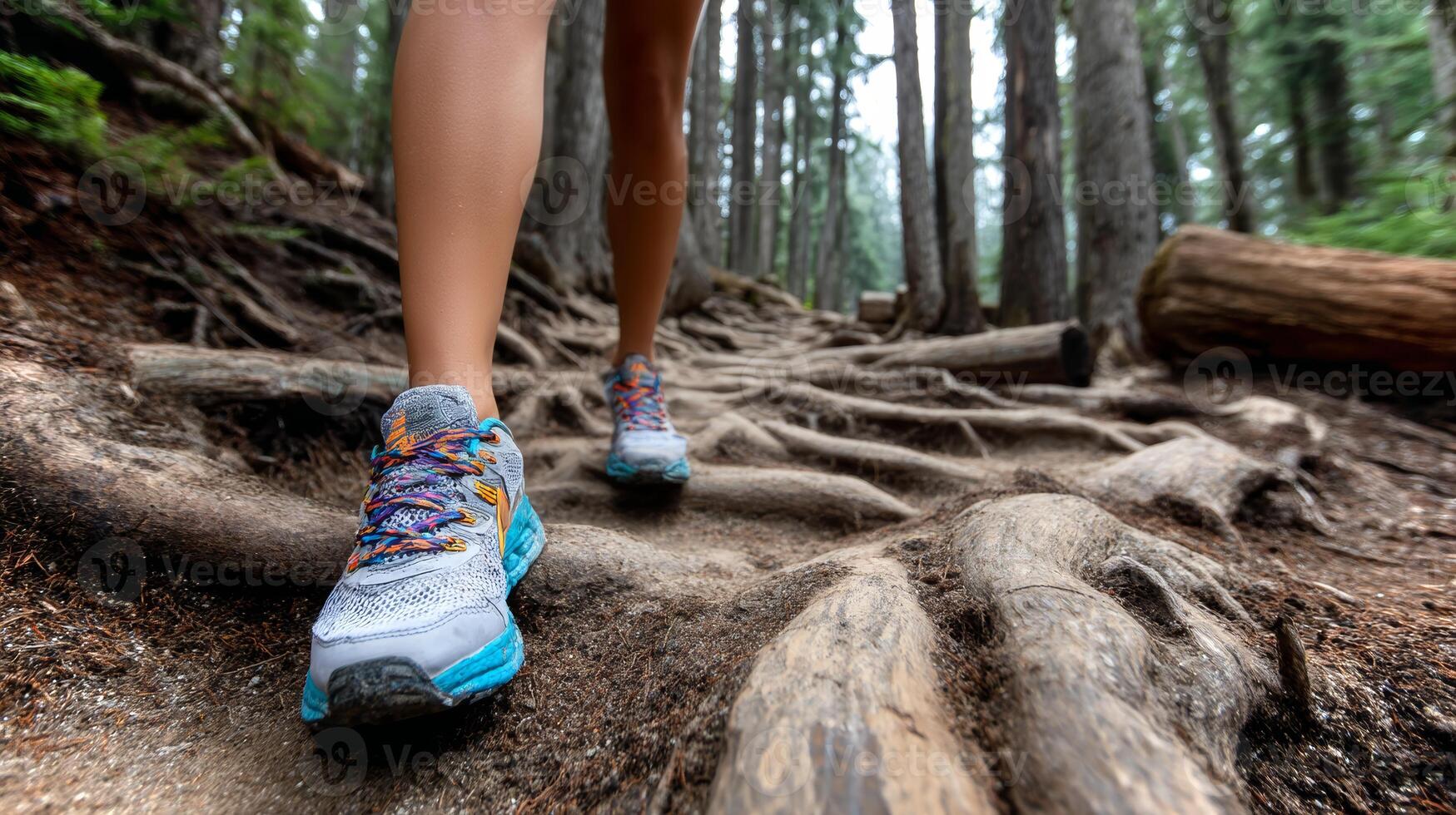 A girl navigates a wooded trail, carefully stepping over exposed tree roots while hiking in the forest. Tall trees tower around her, creating a serene atmosphere. photo