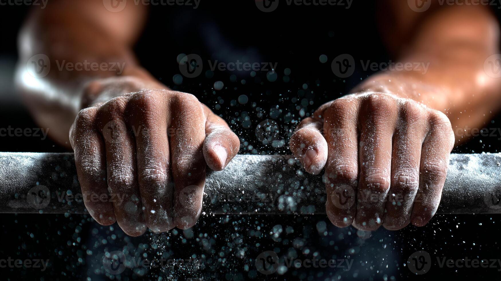Strong hands covered in chalk tightly grip a parallel bar, showcasing focus and strength in a gym setting. The background hints at an active training atmosphere. photo