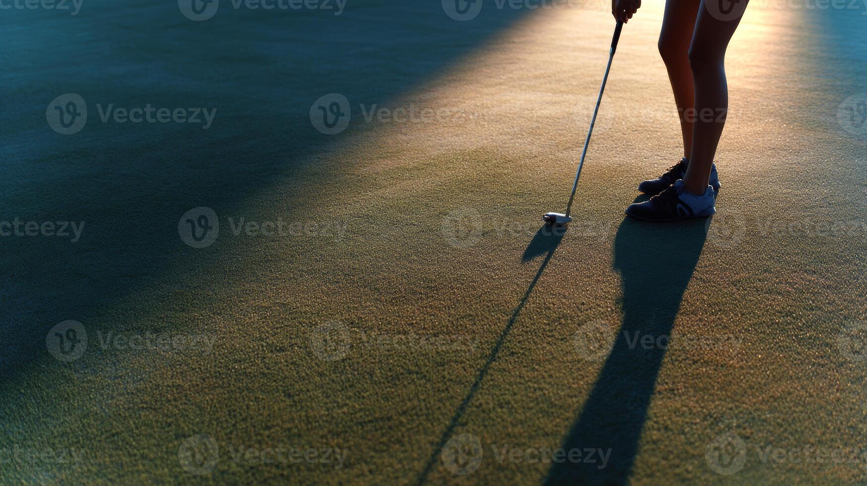 Close-up view of a golfer's shadow stretching across the green while preparing to take a putt at sunset, highlighting focus and serene surroundings. photo