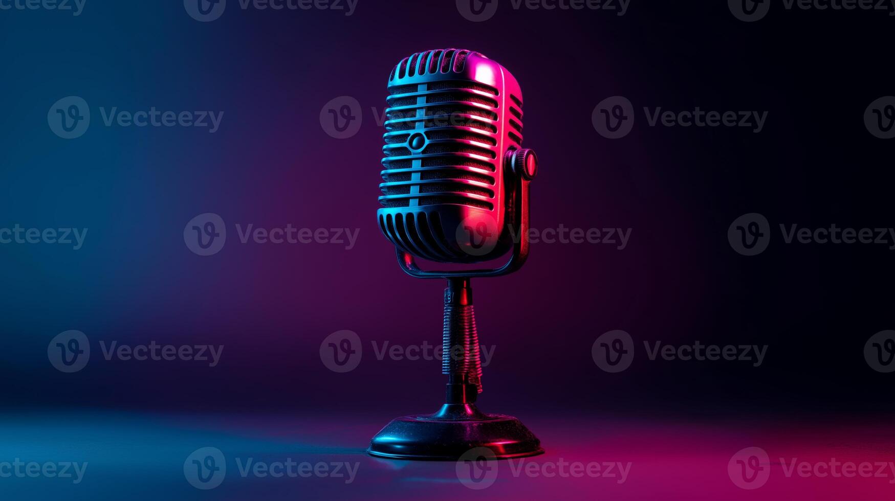 A vintage-style microphone stands prominently on a dark stage, illuminated by vibrant blue and purple lighting, setting the scene for an engaging podcast session focused on artificial intelligence. photo
