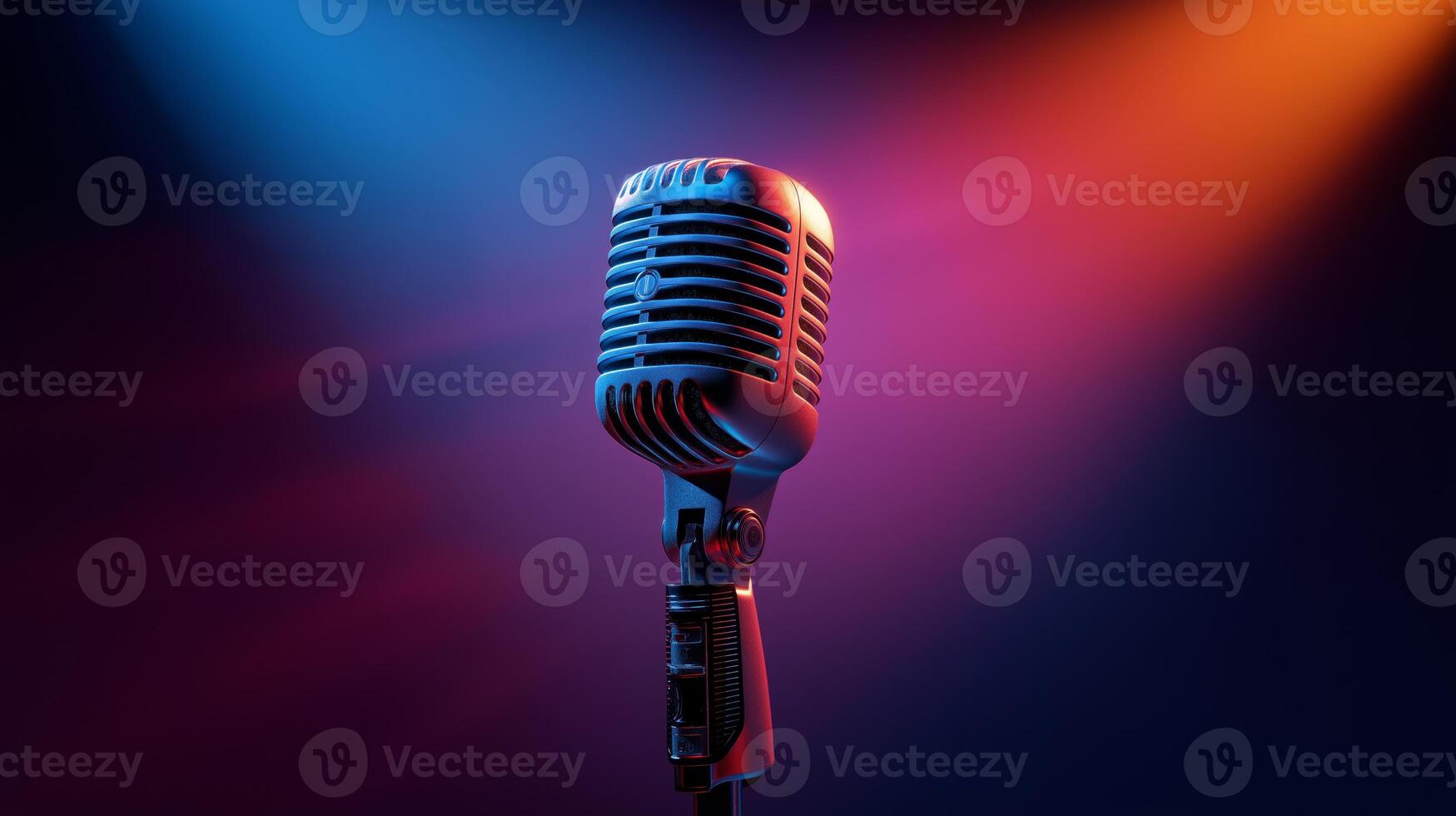 A sleek vintage microphone stands at the center of vibrant stage lighting, symbolizing the intersection of artificial intelligence and podcasting. photo