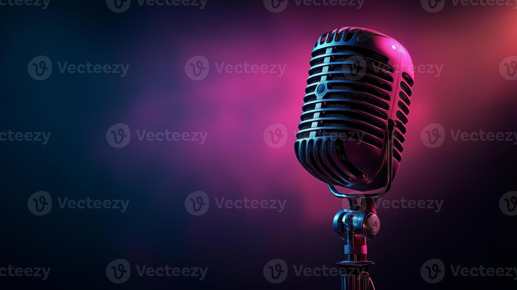 A vintage-style microphone stands against a colorful, illuminated background, symbolizing the rise of artificial intelligence discussions in podcasts. photo