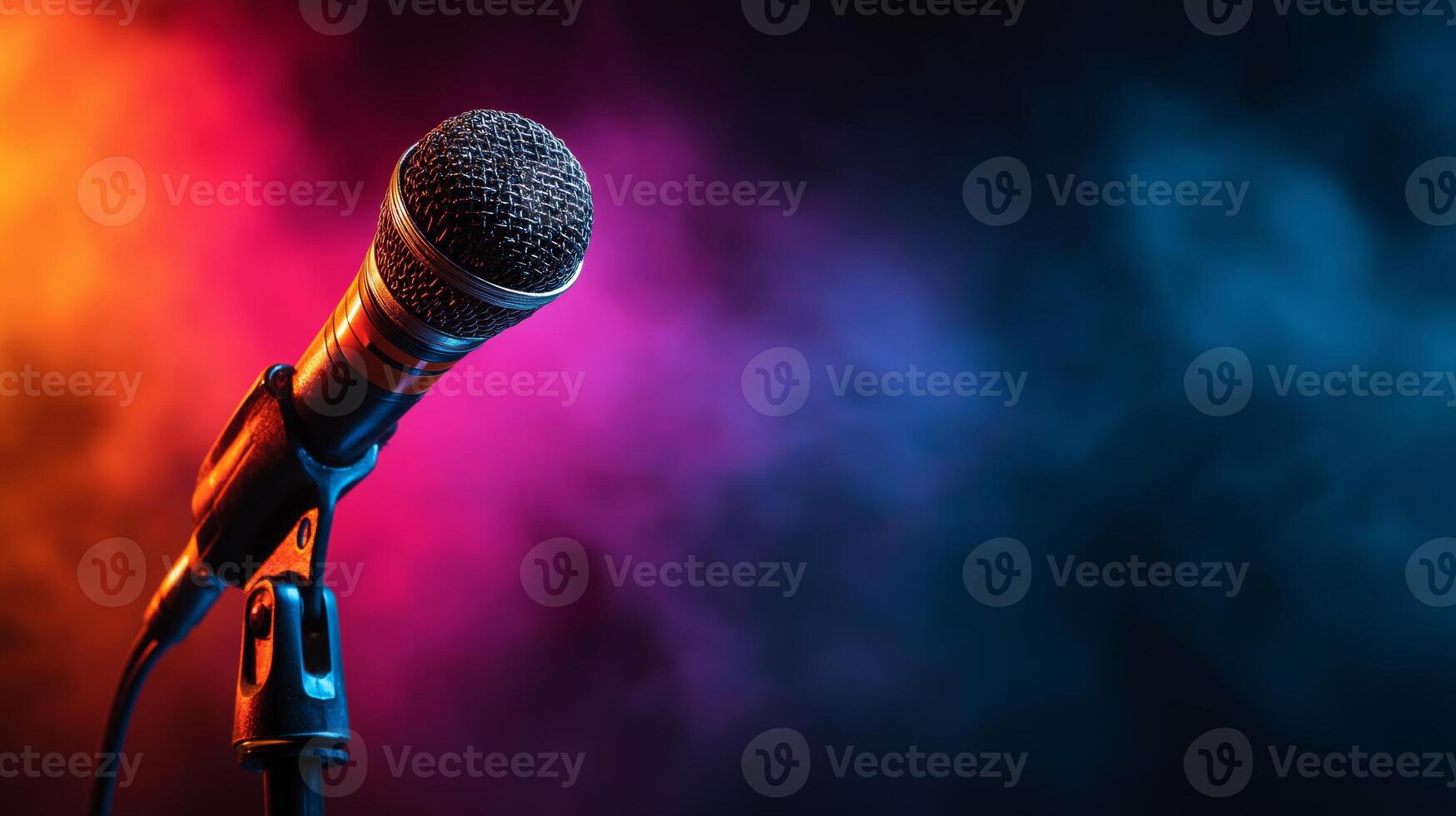 A microphone stands prominently, surrounded by soft, colorful lights and swirling smoke, suggesting an atmosphere of creativity and engagement typical of an ai podcast recording session. photo