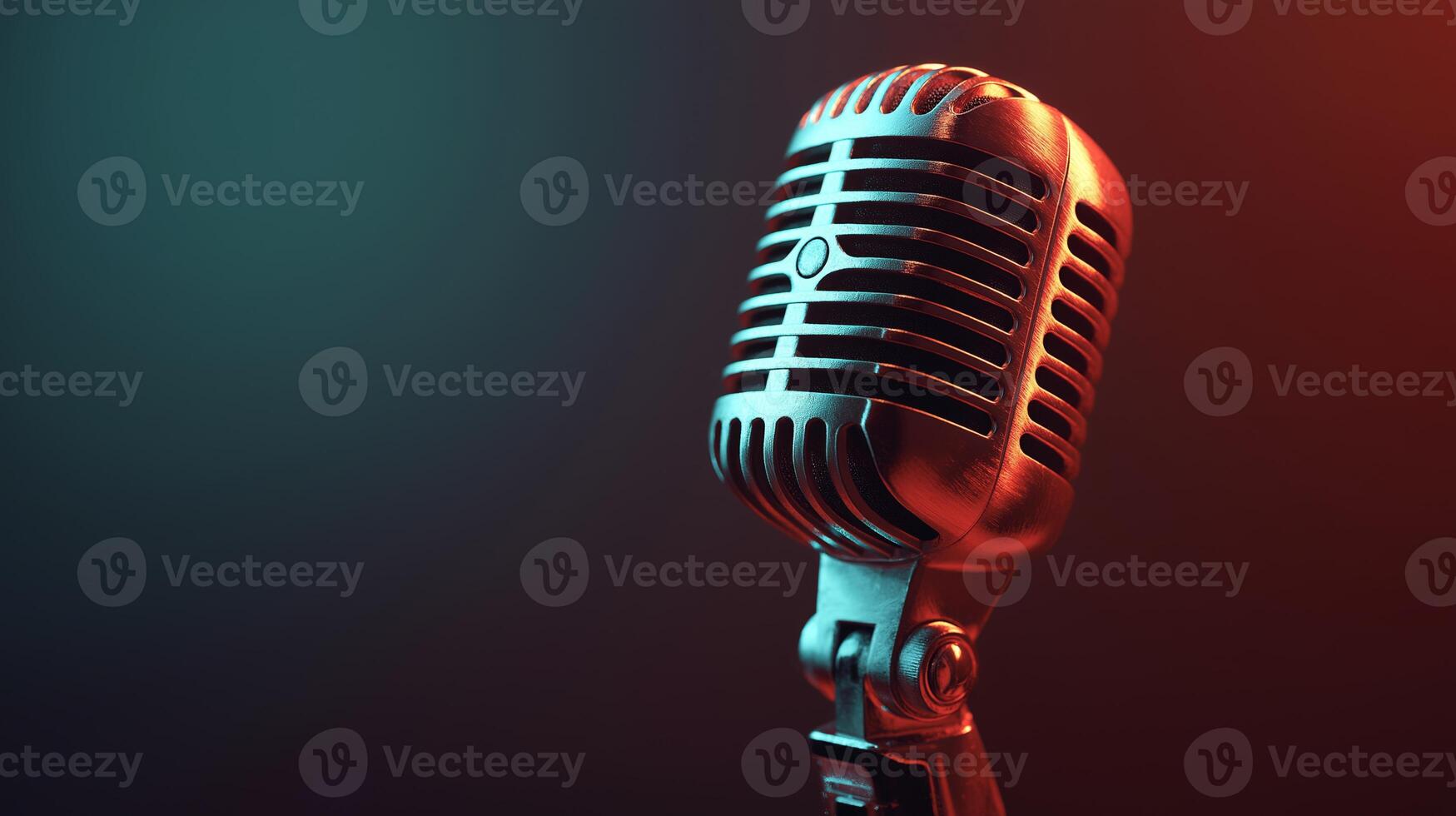 A vintage-style microphone stands ready to capture voices in a studio designed for podcasting about artificial intelligence. The backdrop glows in vibrant colors, enhancing the creative atmosphere. photo