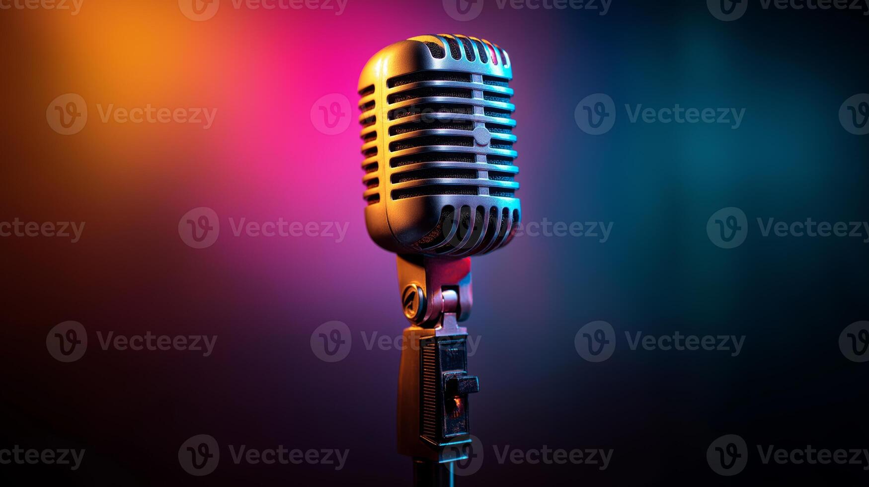 A vintage-style microphone stands ready for broadcast in a dimly lit studio, illuminated by colorful light. The atmosphere hints at an engaging podcast discussion in progress. photo