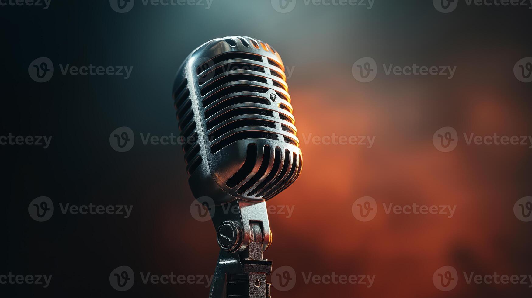 A retro microphone stands ready for a captivating discussion about artificial intelligence in a podcast setting. Ambient lighting creates an engaging atmosphere for thoughtful dialogue and insights. photo