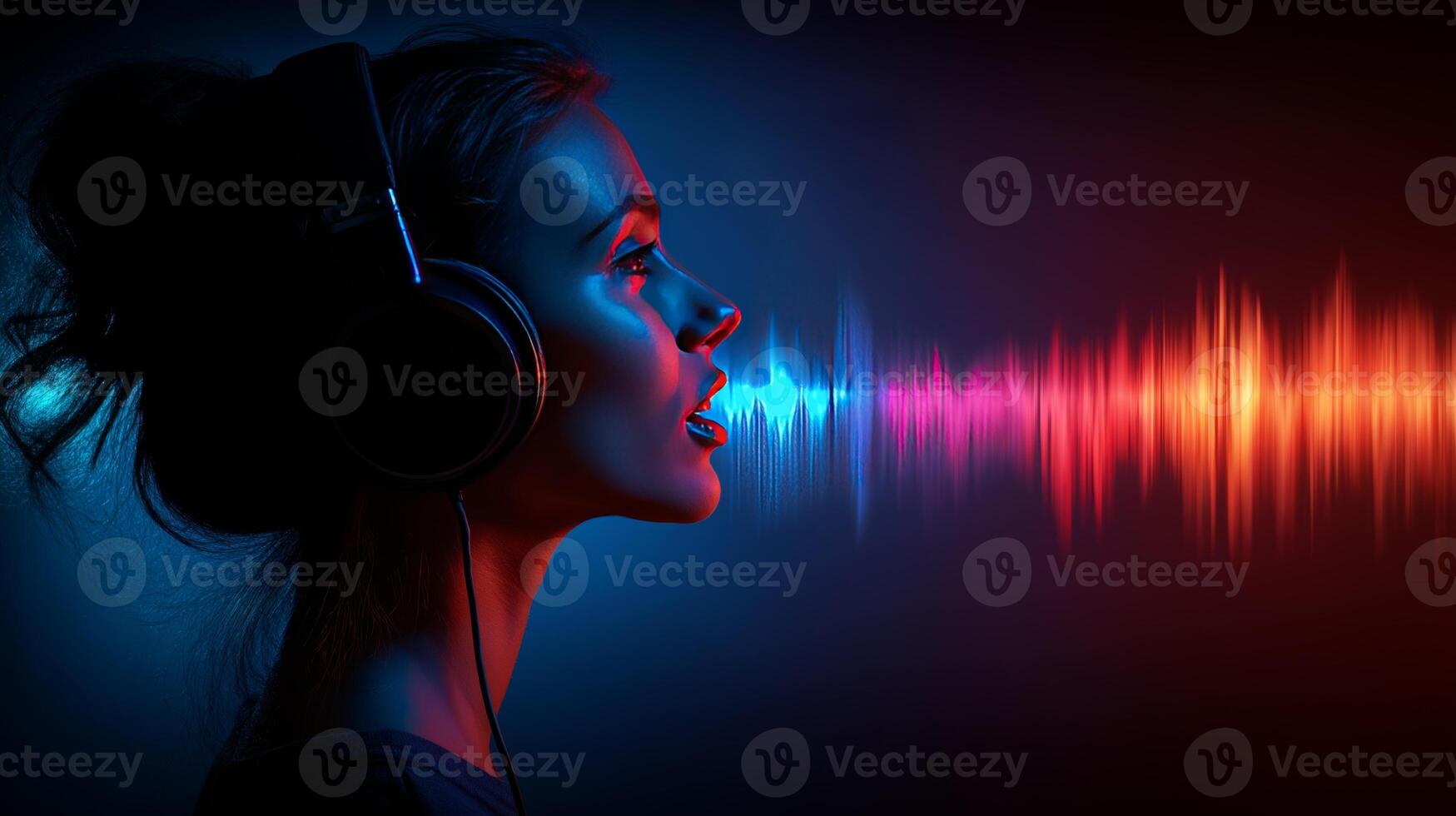 A woman wearing headphones engages with audio content while recording for a podcast. photo