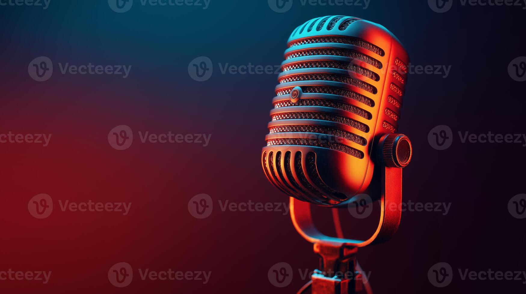 A vintage-style microphone stands prominently, set against a gradient backdrop of deep blue and red, symbolizing the dynamic nature of podcasting focused on AI topics. photo
