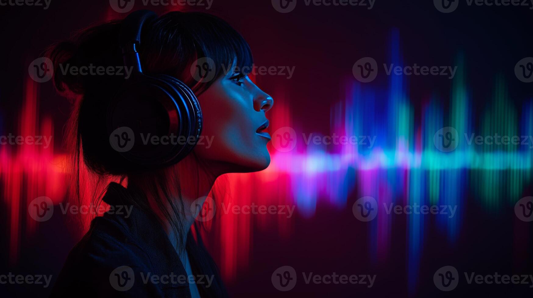 A woman wears large headphones while engaged in a podcast recording. Colorful sound waves emerge behind her, reflecting her deep connection to the audio experience in a modern setting. photo
