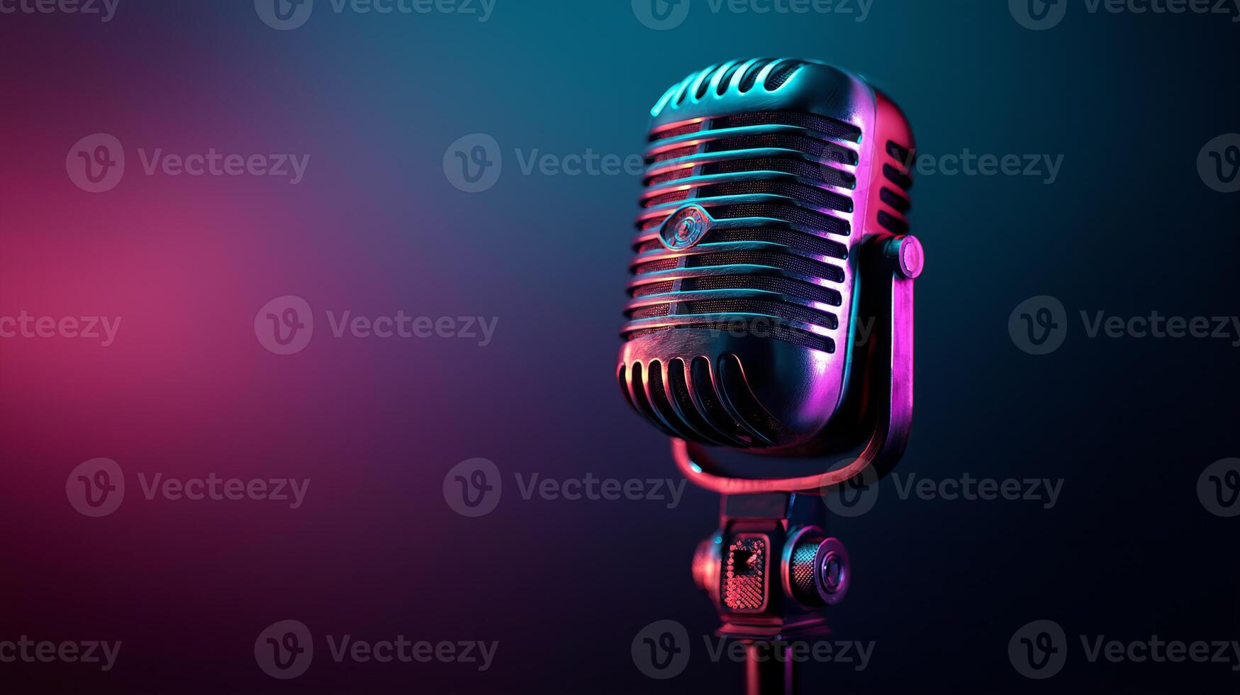 A vintage-style microphone stands tall, glowing with vibrant hues of pink and blue. This setup is perfect for an engaging podcast episode focused on artificial intelligence and technology discussions. photo