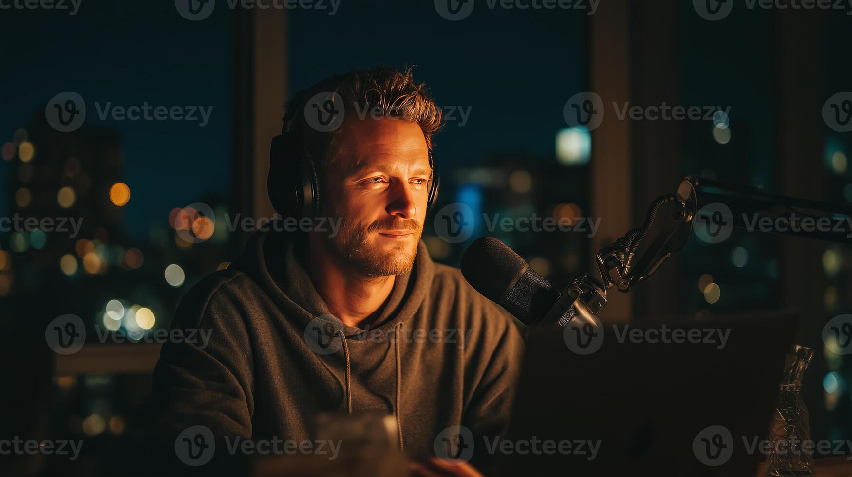 A man sits in a high-rise studio wearing headphones, focused on recording a podcast at night. The city lights illuminate the background, creating an inspiring atmosphere for creativity. photo