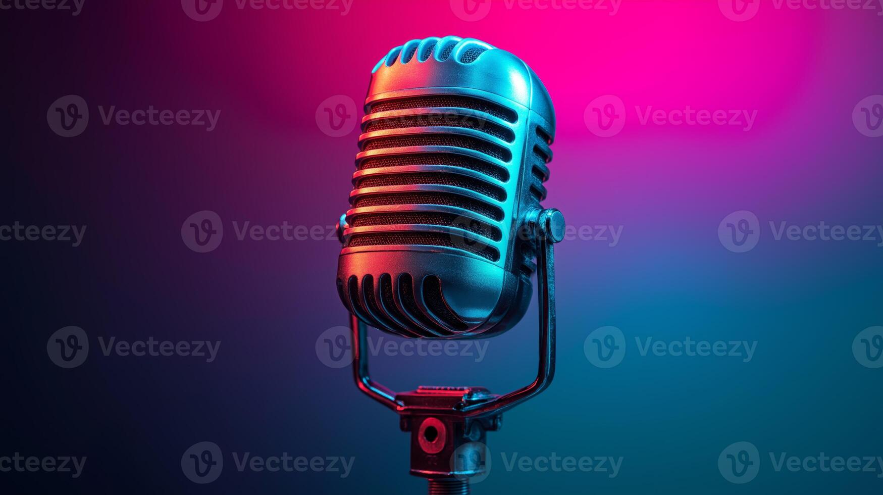 A vintage-style microphone stands prominently, surrounded by vibrant pink and blue lighting, setting an inviting atmosphere for engaging podcast discussions and creative audio production. photo