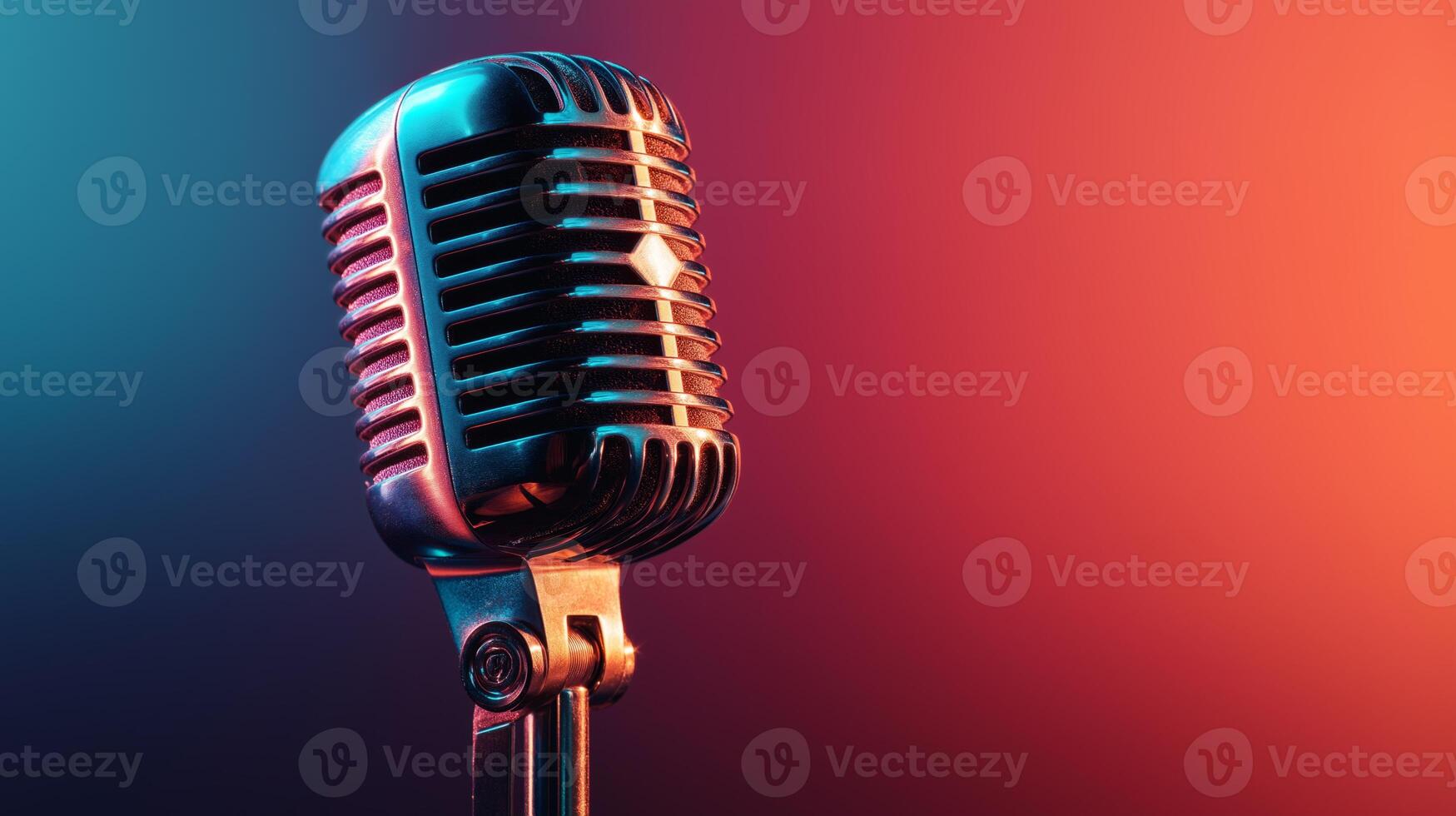 A classic microphone stands ready for a podcast recording with a focus on artificial intelligence. The vibrant lighting in shades of red and blue sets a dynamic atmosphere for engaging discussions. photo