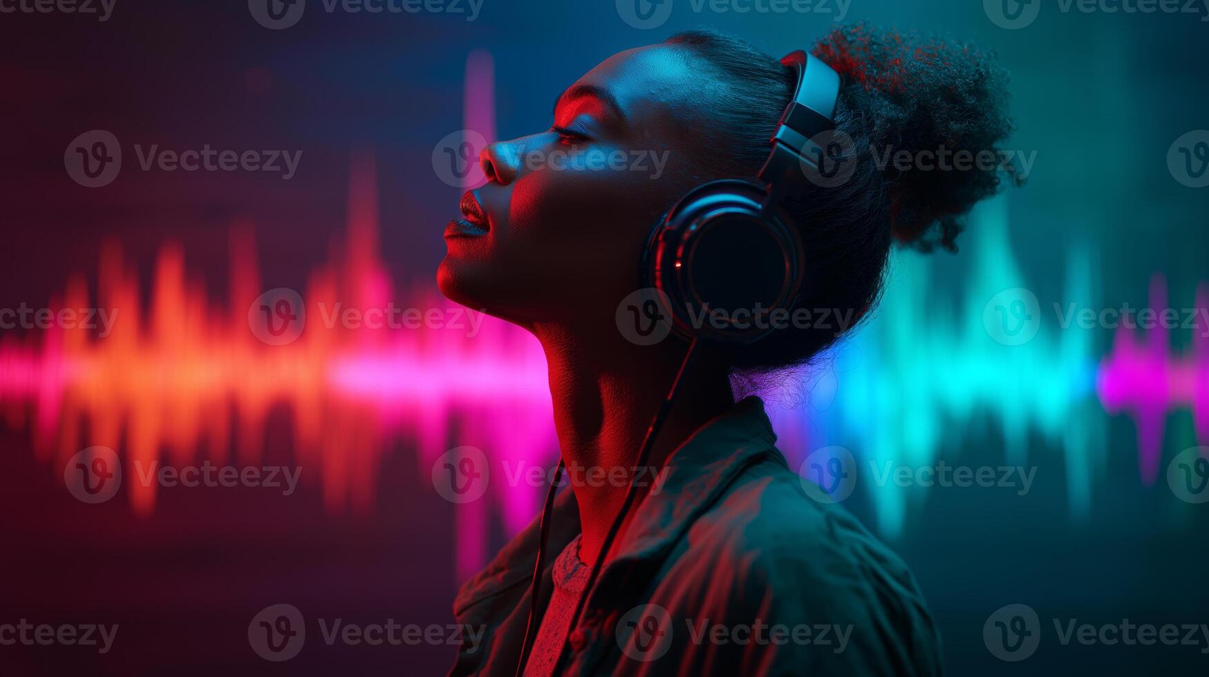 A woman listens to a podcast with headphones, fully immersed in the audio experience. A vibrant soundwave graphic in the background adds to the atmosphere, creating a lively ambiance. photo