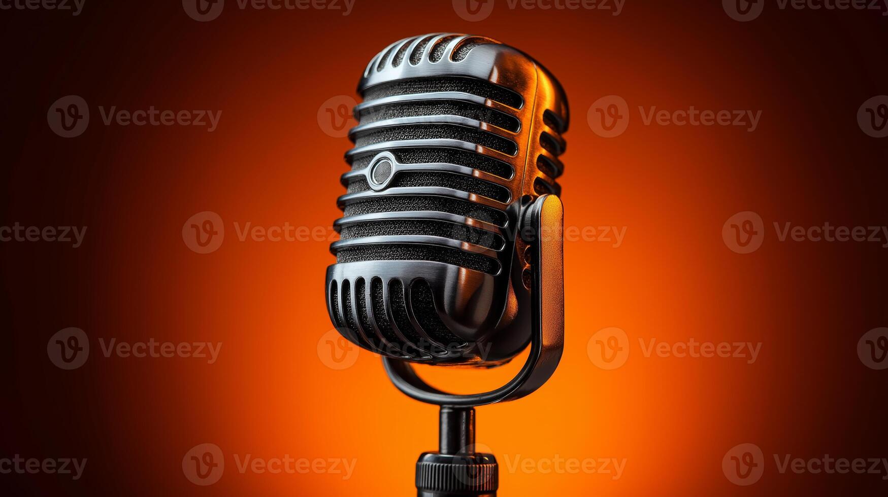 In a well-lit podcast studio, a vintage microphone stands on a sturdy base against a warm orange backdrop. The setting emphasizes the art of storytelling and audio production. photo