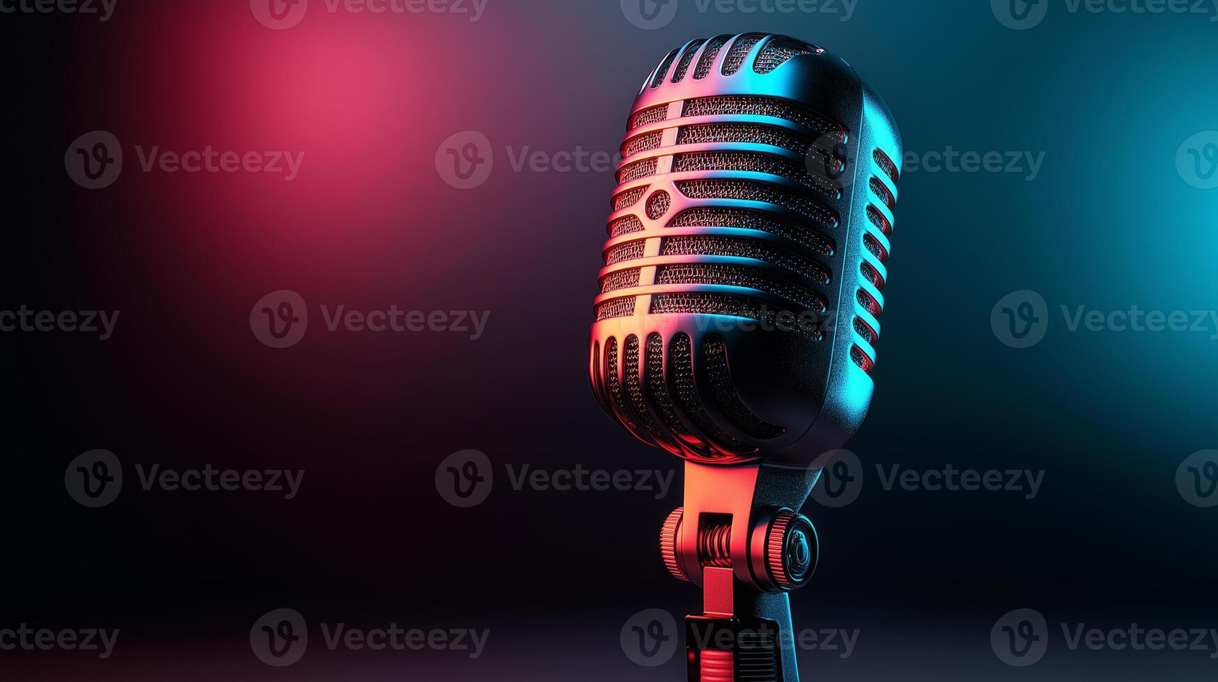 A classic microphone stands prominently in a studio, illuminated by blue and red lights, creating an inviting atmosphere for discussions about artificial intelligence and podcasting. photo