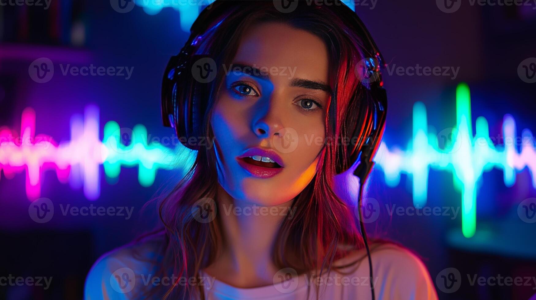 A young woman is engaged in a podcast recording focused on artificial intelligence. She wears headphones and is surrounded by colorful lighting, enhancing the artistic atmosphere of the space. photo