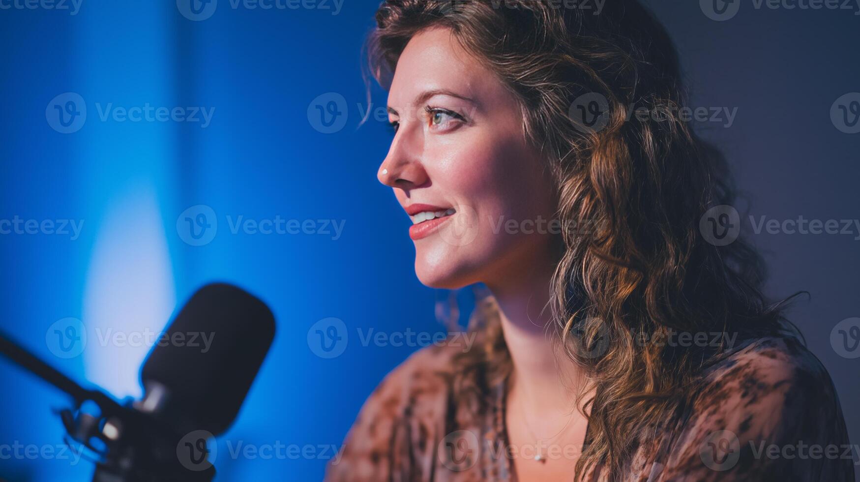 A passionate podcast host discusses artificial intelligence topics in a dimly lit studio, showcasing enthusiasm and expertise. The atmosphere is calm and inviting for thoughtful dialogue. photo