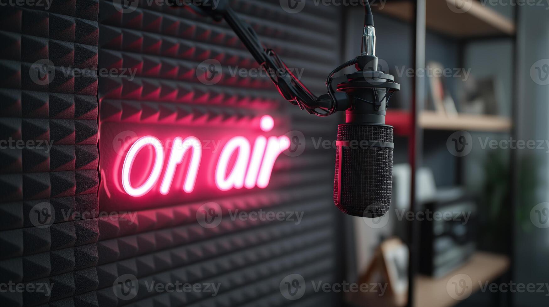 In an inviting podcast studio, a microphone is positioned next to a vibrant on air sign. The backdrop is stylish with textured walls, creating a professional atmosphere for recording sessions. photo