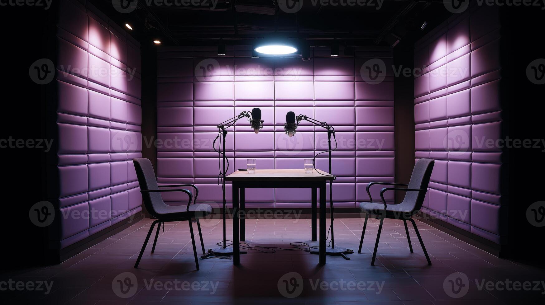 A podcast recording studio features two microphones positioned on a table under focused lighting. photo