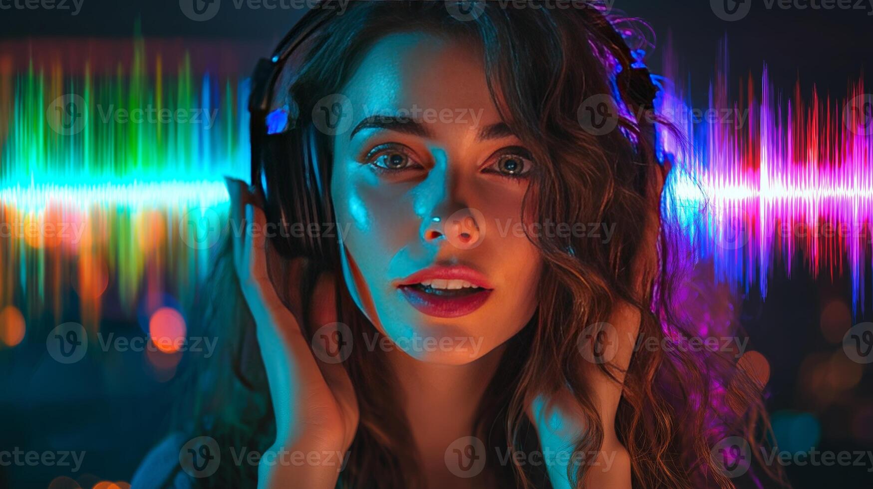 A podcast host with curly hair is wearing headphones while interacting with audio technology. Colorful sound waves visually represent the podcast's engaging content, creating a lively atmosphere. photo