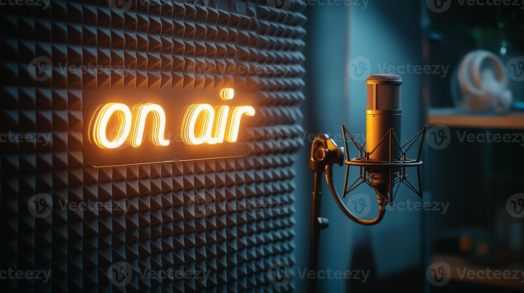 A lively podcast studio with a classic microphone and glowing on-air sign creates an inviting space for discussions, showcasing creativity and passion. photo
