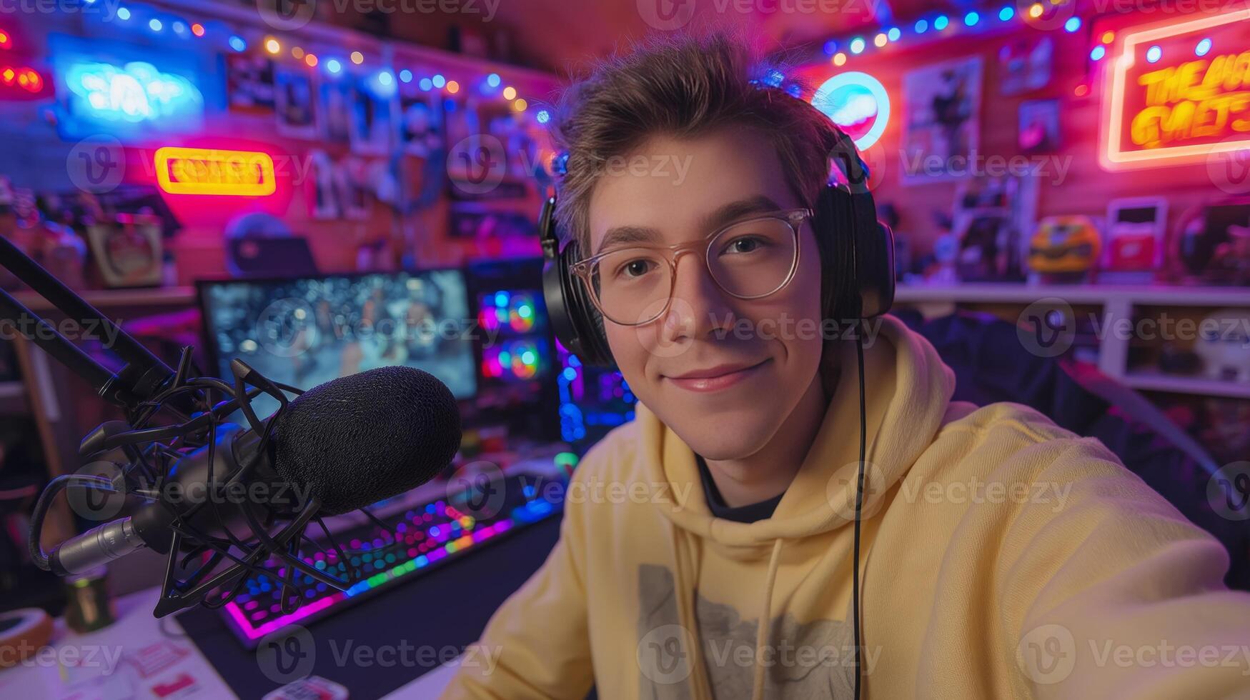 A young host smiles while seated at a desk adorned with gaming equipment and colorful lights. The environment is lively, indicating a podcast recording with an immersive atmosphere. photo