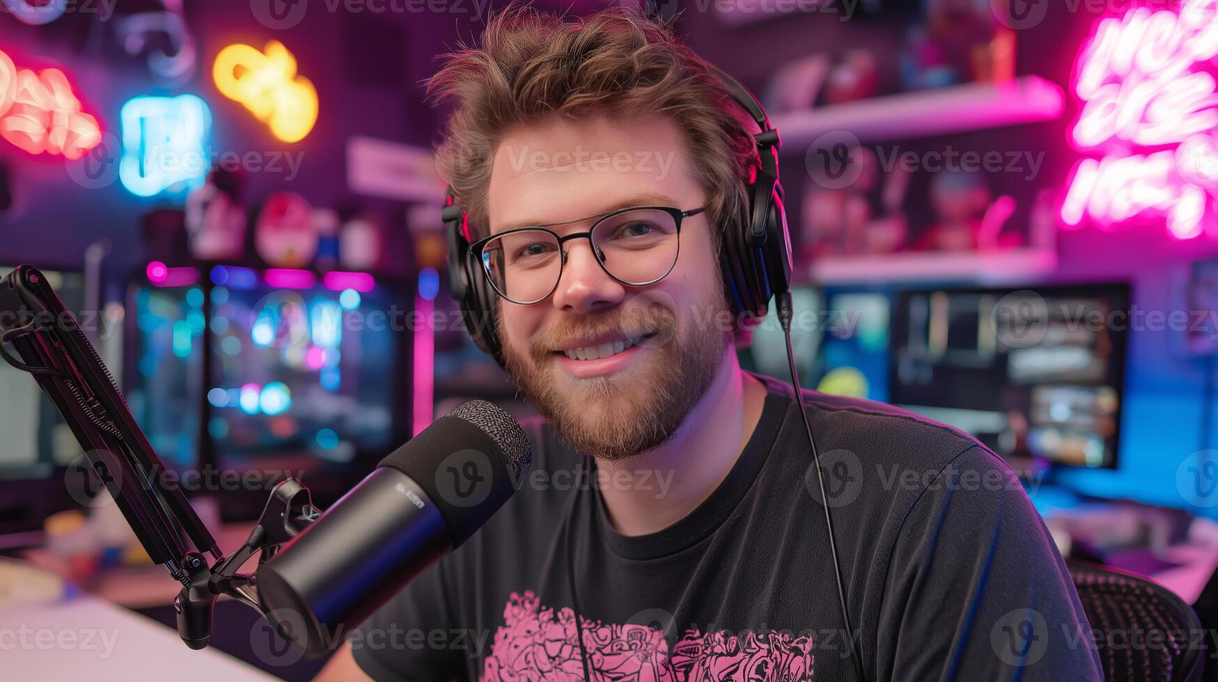A person wearing headphones smiles while speaking into a microphone in a colorful podcast studio. Bright neon lights illuminate the space, enhancing the lively atmosphere for an engaging conversation. photo